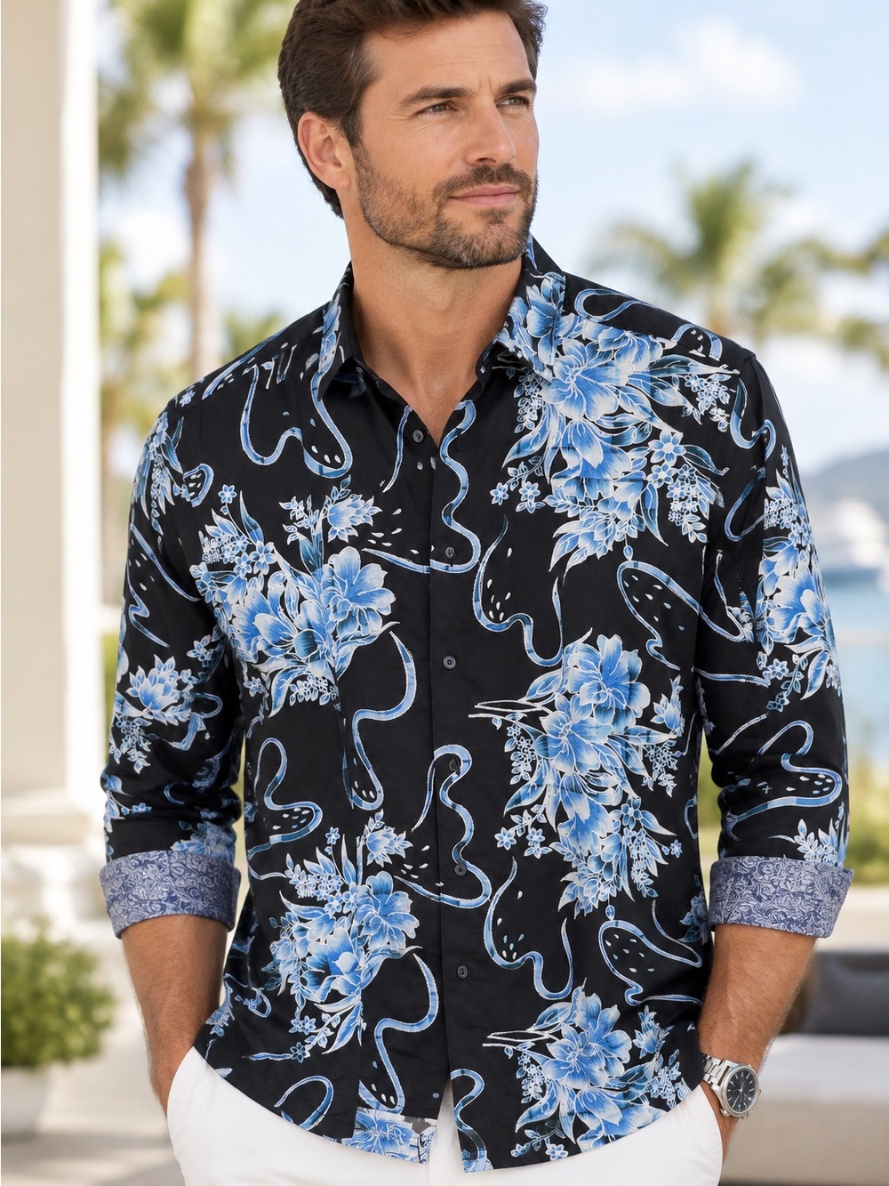 Robert Graham Navy Button Down Shirt with Blue Floral Embroidered Pattern